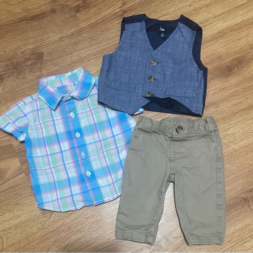 Toddler Blue Plaid Shirt, Navy Vest & Khaki Pants Set